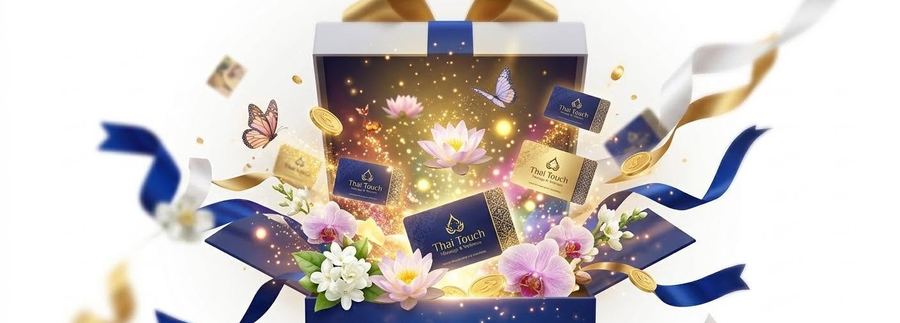Thai Touch gift cards presented in a navy and gold gift box with orchids